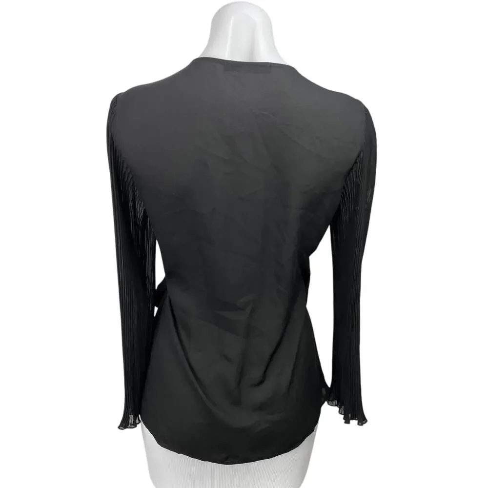 Zara Black Pleated Long Sleeve Career Lightweight V Neck Wrap Blouse Top Size S